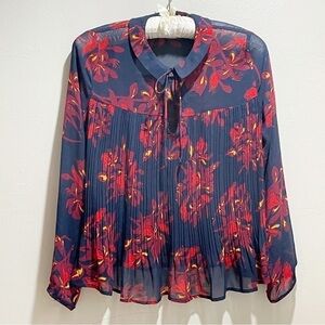 GRACE & MILA Women’s Navy Red Floral Chiffon Pleated Long Sleeve Blouse Size M